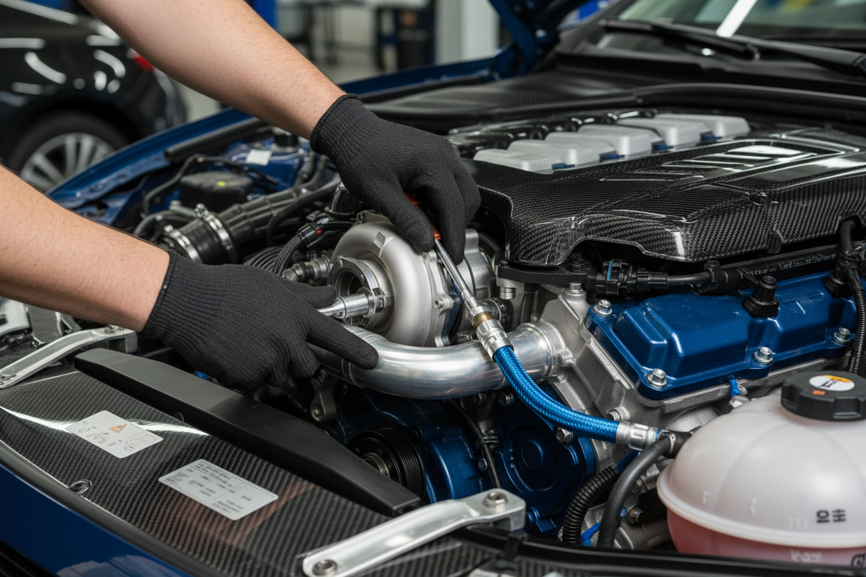 Hand with mechanic glove working on a high end engine in a european car, we should only see the engine bay and hands working, not a lot of details